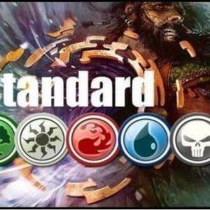 Standard card game format is illustrated with five colored mana symbols: green