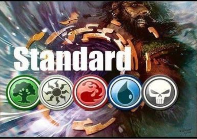 Standard card game format is illustrated with five colored mana symbols: green