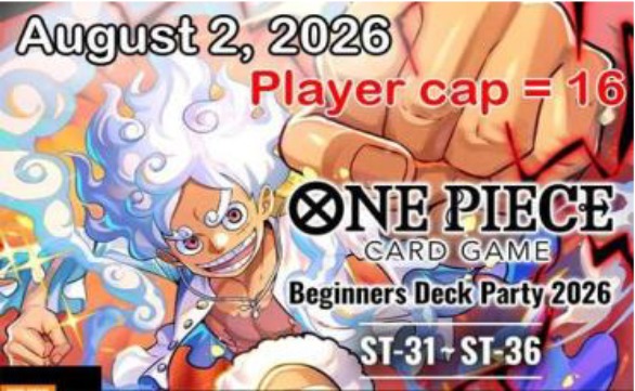 One Piece Card Game promotional graphic for the Beginners Deck Party on August 2, 2026