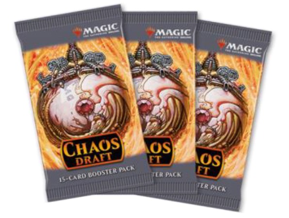 Three booster packs of "Chaos Draft" from the Magic: The Gathering card game, each containing 15 cards,