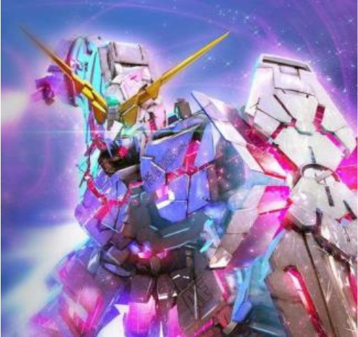 Gundam model featuring vibrant colors and glowing effects,