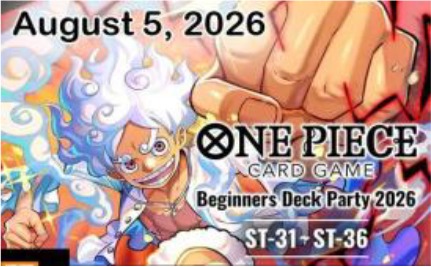 Promotional graphic for the One Piece Card Game Beginners Deck Party on August 5, 2026